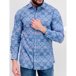 TAILORBYRD Men's all over pattern Long Sleeve Casual Shirt Medium Flip cuff blue